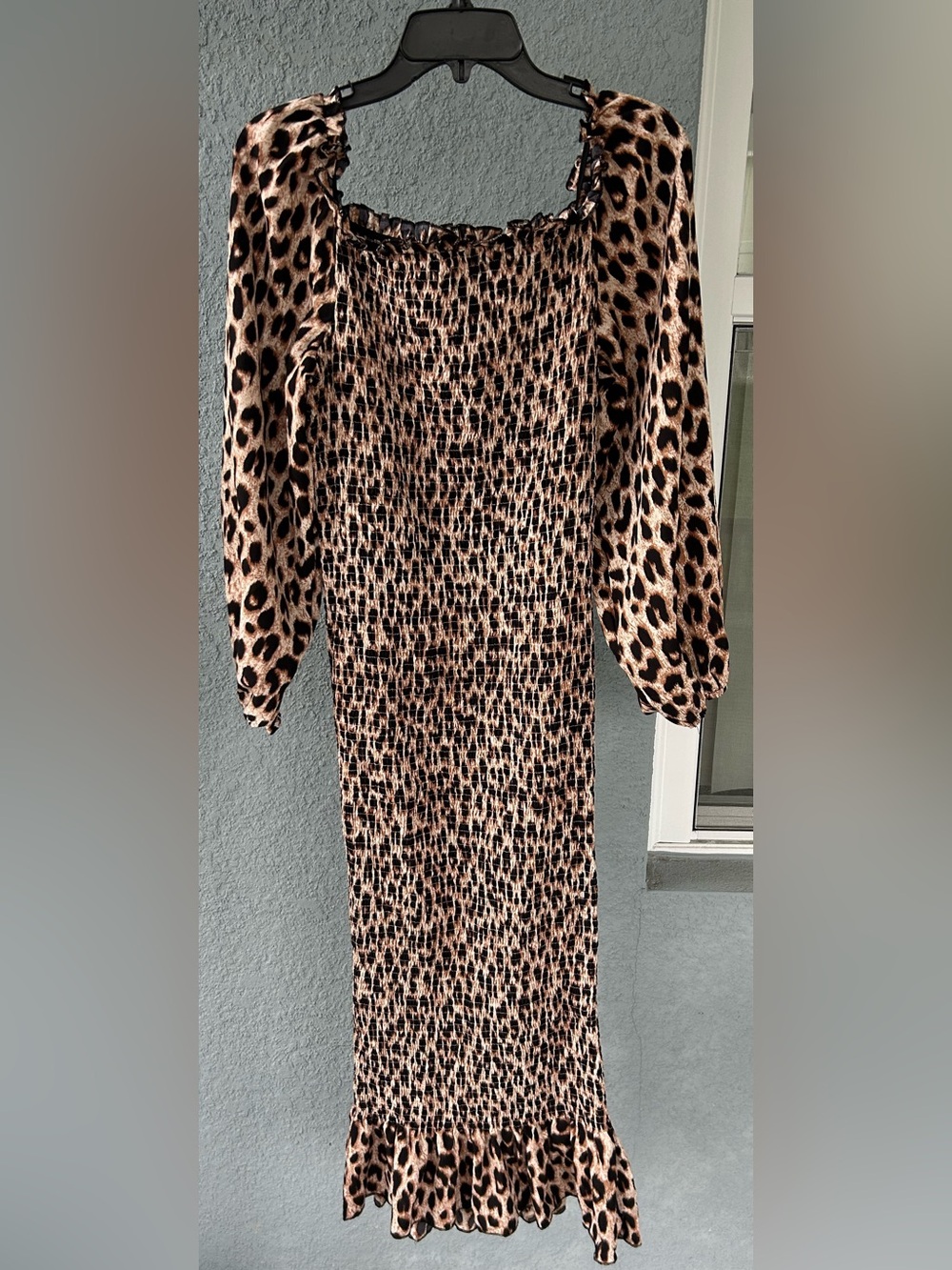 SHEIN Curve Leopard Smocked Bodycon Midi Dress Puff Long Sleeve Plus 2XL
